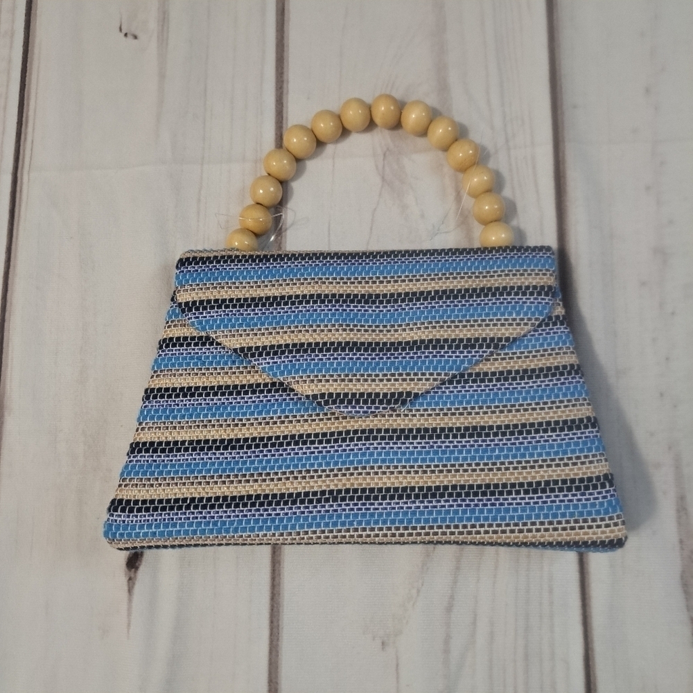 Woven Stripe Handbag With Wood Beads